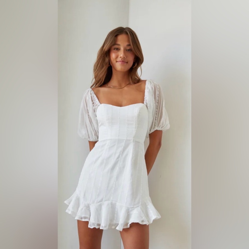 American Threads White Mini Dress with Puff Sleeves